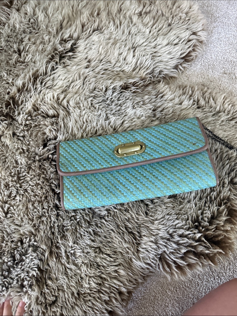 Urban Expressions Teal Straw Clutch with Taupe Trim and Gold Hardware
